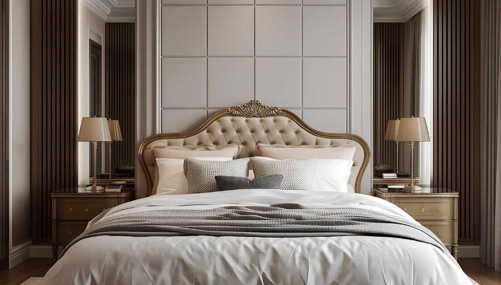 Camera da letto con primo piano sul letto matrimoniale elegante