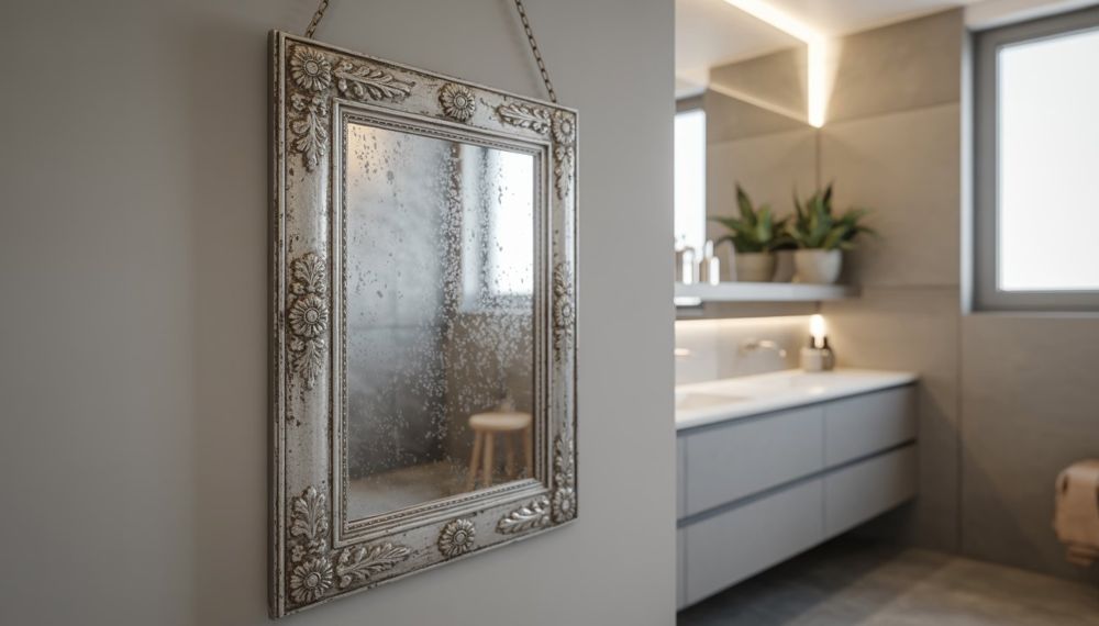 Dettaglio di uno specchio antico in un bagno dall'arredamento moderno