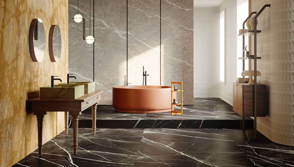 Bagno lussuoso e di design con pavimento in gres porcellanato