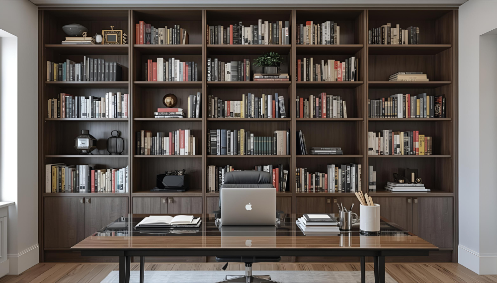 Studio in casa spazioso ed elegante con libreria sullo sfondo