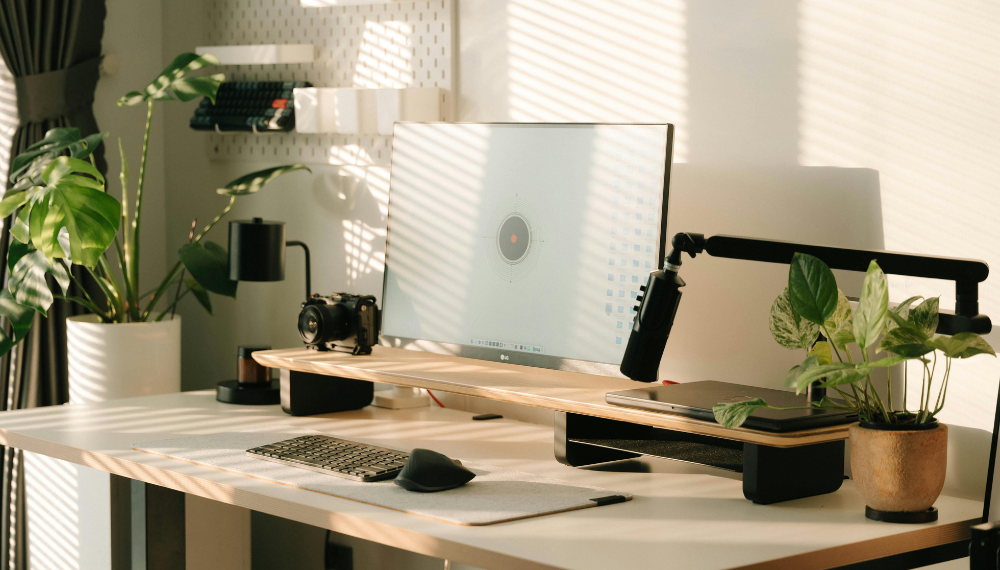 Studio domestico con piante, PC e microfono