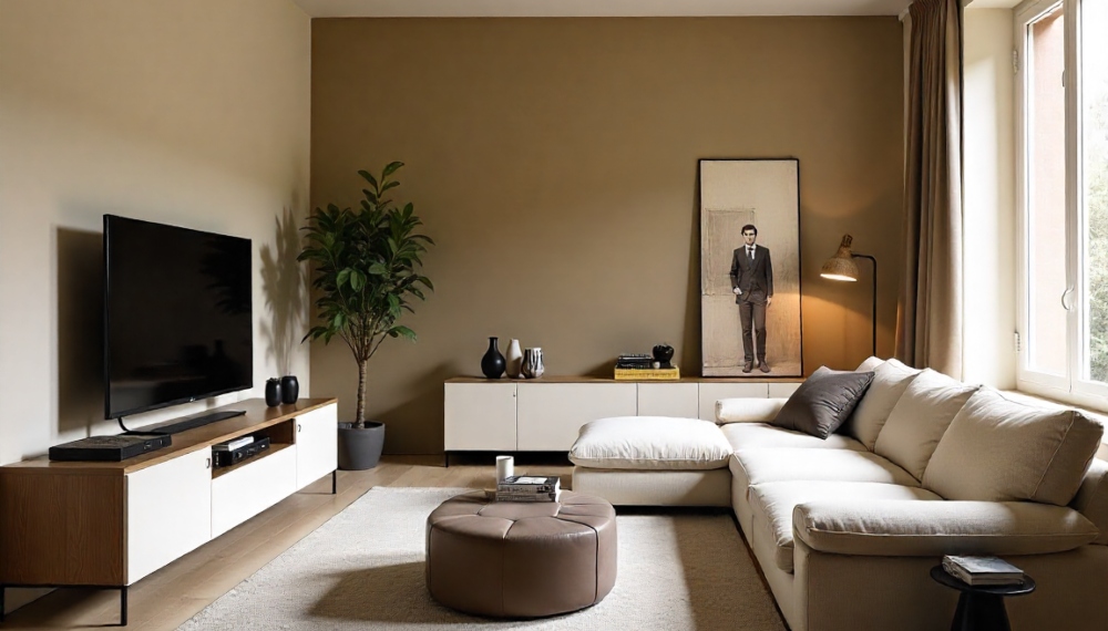 Sala rettangolare elegante e di design dai colori chiari