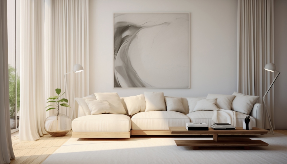 Salone rettangolare con divano e pareti chiari, molto luminoso