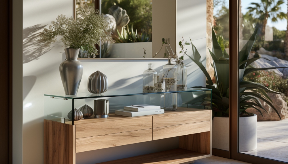 Mobiletto di legno con piante e oggetti di arredo di materiali diversi