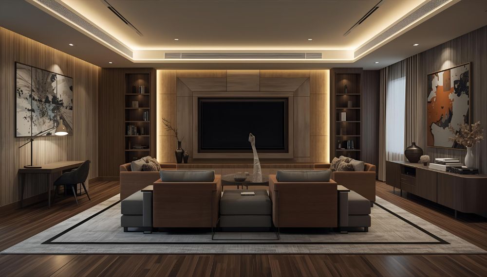 Soggiorno rettangolare grande e lussuoso con divani, angolo studio, televisore e un'ampia finestra